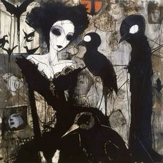 an abstract painting with black and white artwork on it's sides, depicting two women surrounded by birds