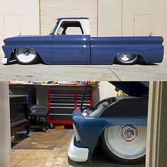 an old blue pickup truck parked in a garage