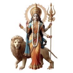 a statue of the hindu god sitting on top of a lion and holding a spear