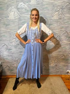 "Sky Blue Plaid Polyester Dirndl Sarafan Dress German Austrian Dress Bavarian Folk National Costume Oktoberfest Extra Large Size Dress Label size: CH 44; D 44; E 48; F 48; UK 18 Estimated size: XL Measurements: (lying flat) Length - 51\" / 130 cm Bust- 19,5\" / 50 cm Waist - 18\" / 46 cm Models size:  height: 6 feet / 182 cm Bust: 37.7\" / 96 cm  Waist: 29.1\" / 74 cm Hips: 32.2 / 82 cm Please check measurements to insure a proper fit. Remember to allow yourself some extra room for movement. You Dirndl, German Dress, Dress Label, Warm Winter Jackets, Dirndl Dress, National Costume, Costume National, 1980s Dresses, Folk Dresses