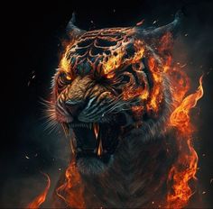 a tiger that is on fire with it's mouth open