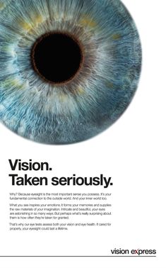 an advertisement for vision taken seriously, with the image of an eyeball in it's center