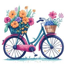 a painting of a bicycle with flowers in the basket