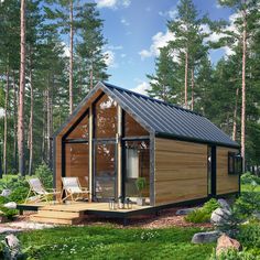 a small wooden cabin in the middle of a forest with grass and trees around it