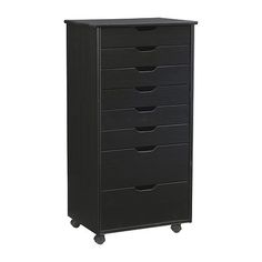 a black dresser with five drawers on wheels