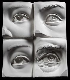 an image of four different eyes on a piece of white paper that looks like it has been cut in half