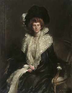 a painting of a woman sitting in a chair wearing a black dress and white lace