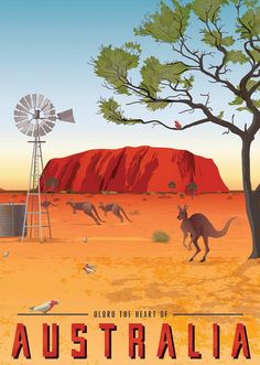 an australian poster with kangaroos and birds in front of a red rock, water tower and windmill