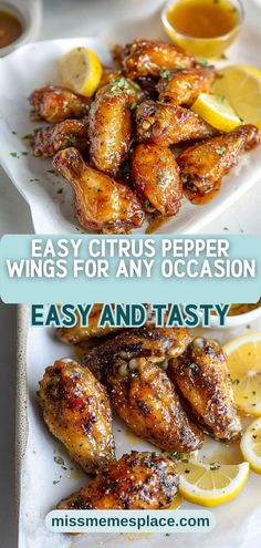 two plates with chicken wings and lemons on them, the words easy citrus pepper wings for any occasion