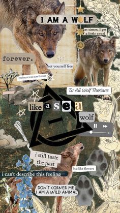 a collage of wolf images with words and pictures on them that say i am a wolf