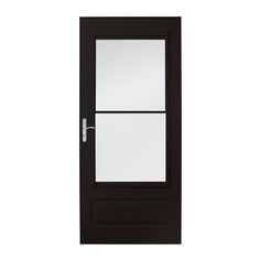 a black and white door with two glass panels on the top half, and one side panel