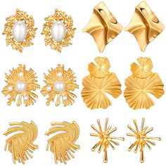 PRICES MAY VARY. Gold Accessories for Women: you will receive 6 pairs of gold statement earrings in 6 styles, enough and various to meet your daily, party or holiday use and replacement needs; You can also share them with your friends and family members Quality Material to Use: these statement earrings are made of alloy, adopting electroplating process, safe and reliable to use, with shiny appearances, not easy to fade or lose luster, serving you for a long time Appropriate Sizes: these geometri Large Gold Earrings, Hermes Twilly Scarf, Geometric Statement Earrings, Leaf Earring, Vintage Leather Belts, Gold Statement Earrings, Ginkgo Leaf, Gold Geometric, Boutique Accessories