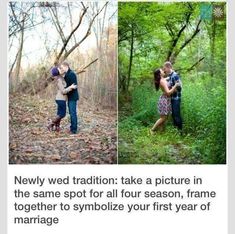 two people are standing in the woods and one is kissing