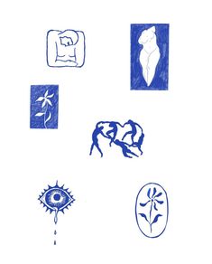 some blue and white drawings on a white background