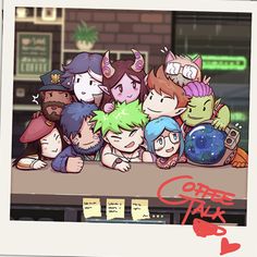 a group of cartoon characters standing together in front of a sign that says coffee talk