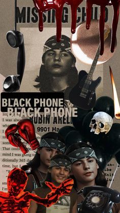 a collage of photos with the words black phone and red dripping paint on it