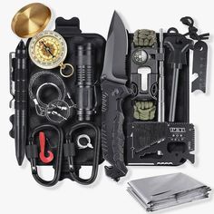 an assortment of tools and gadgets laid out on a white background with clippings