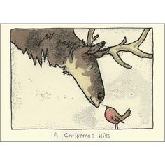 a drawing of a deer and a bird on a white background with the words a christmas kiss