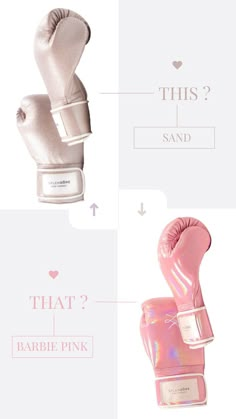 two pink boxing gloves and one white glove with the words, this sand? that? barbie pink