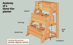 the diagram shows how to build a wooden planter with measurements for each section and bottom tier