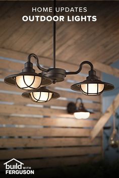 three lights are hanging from the ceiling in an outdoor area with wood paneling and plants