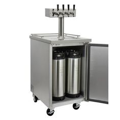 a stainless steel beverage dispenser with two kegs on it's wheels