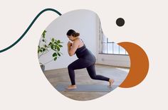 a woman is doing yoga in front of a window with an orange circle around her