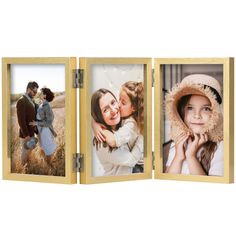 an open wooden box with three pictures on the front and one in the back, showing two people kissing each other