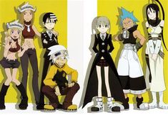 anime characters are posing in front of a yellow wall with black and white stripes on them