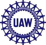 the logo for uaw is shown in blue and white letters on a circular wheel