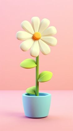 a white flower in a blue pot on a pink background