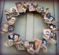 a wreath made out of old photo frames