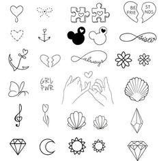 various tattoos and symbols are shown in black and white, including hearts, flowers, stars,