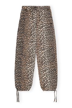 Almond Milk Leopard Washed Cotton Canvas Drawstring Trousers | GANNI US Printed Denim Skirt, Leopard Print Loungewear Pants With Elastic Waistband, Leopard Trousers, Ganni Leopard, Leopard Print Outfits, Drawstring Trousers, Leopard Pants, Satin Trousers, Satin Pants