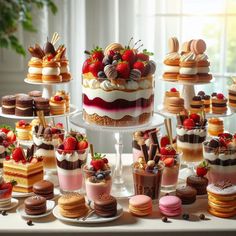 a table topped with lots of cakes and desserts