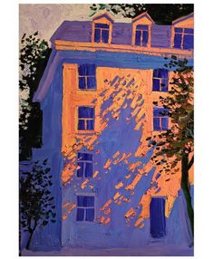 an oil painting of a blue and yellow building