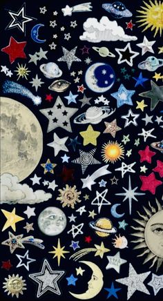 an image of stars and moon stickers on a black background with the sun, moon, and clouds in different colors