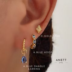 Blue Marquise Gold Hoop Earring Set, 3 pairs earring set, Blue teardrop Dangle Earrings, 925 Sterling Silver Stud, Blue Earring Stacks, Gift by AnettJewellery on Etsy Gold Hoop Earrings Set, Blue And Gold Earring Stack, Royal Blue And Gold Jewelry, Earing Designs Gold, Blue Earrings Aesthetic, Gold Earring Stack, Blue Gold Jewelry, 17 Aesthetic, Earrings Stack