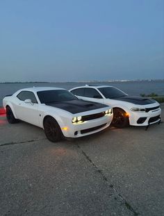 two white and black cars parked next to each other on the road near water at night