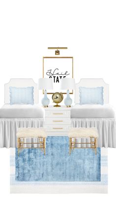 a bedroom with blue and white decor on the walls, bedding and nightstands