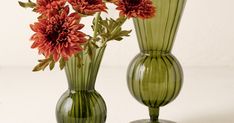 two green vases with red flowers in them