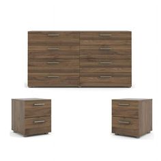 three pieces of furniture including a dresser and two nightstands, all in walnut wood