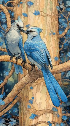 two blue birds sitting on top of a tree branch