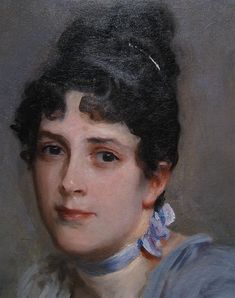 an oil painting of a woman with dark hair and blue dress, wearing large earrings