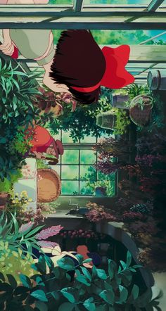 an anime scene with plants and flowers in the foreground, one red bird flying overhead