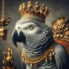 a bird with a crown on it's head and gold chains around its neck