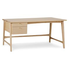 a wooden desk with two drawers on the bottom and one drawer at the top, against a white background