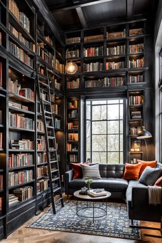 Industrial style home library room Books Home Library, Tiny Room Library, Basement Library Ideas Spaces, Home Library Attic, Library Inspo Aesthetic, Narrow Reading Nook, Room Full Of Books Aesthetic, Home Library Seating Ideas, Dark Wood Library Room