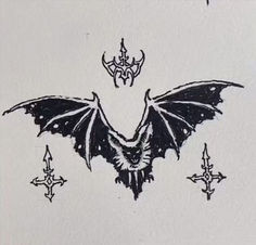 a drawing of a bat with wings on it's back and two crosses in the background