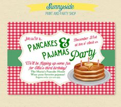 an advertisement for pancakes and pajamas party with a cake on the plate in red and white checkered tablecloth